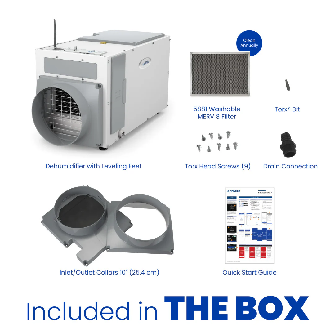 AprilAire E100W Dehumidifier Box Contents Web Ready Photo
