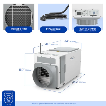 AprilAire E100W Dehumidifier Size Measurements Web Ready Photo
