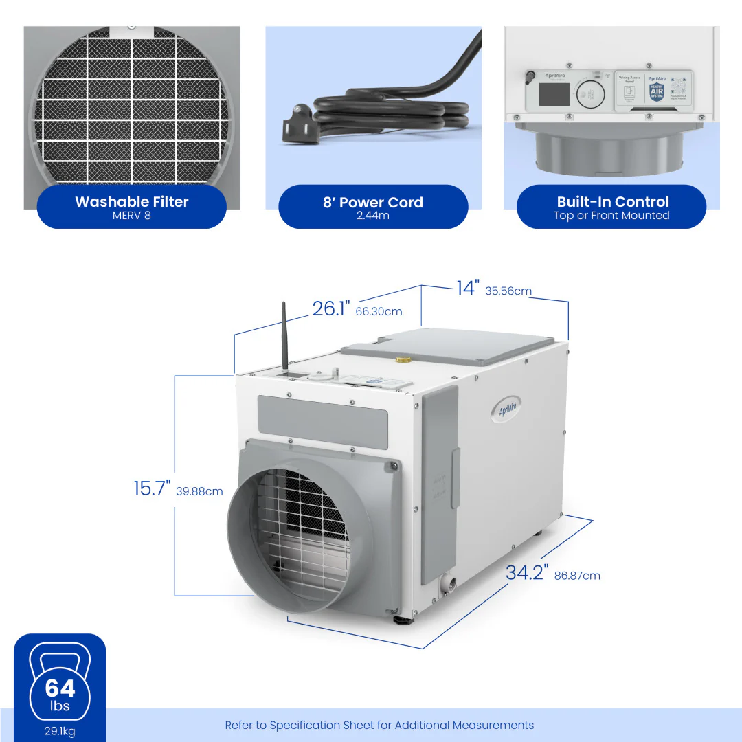 AprilAire E100W Dehumidifier Size Measurements Web Ready Photo