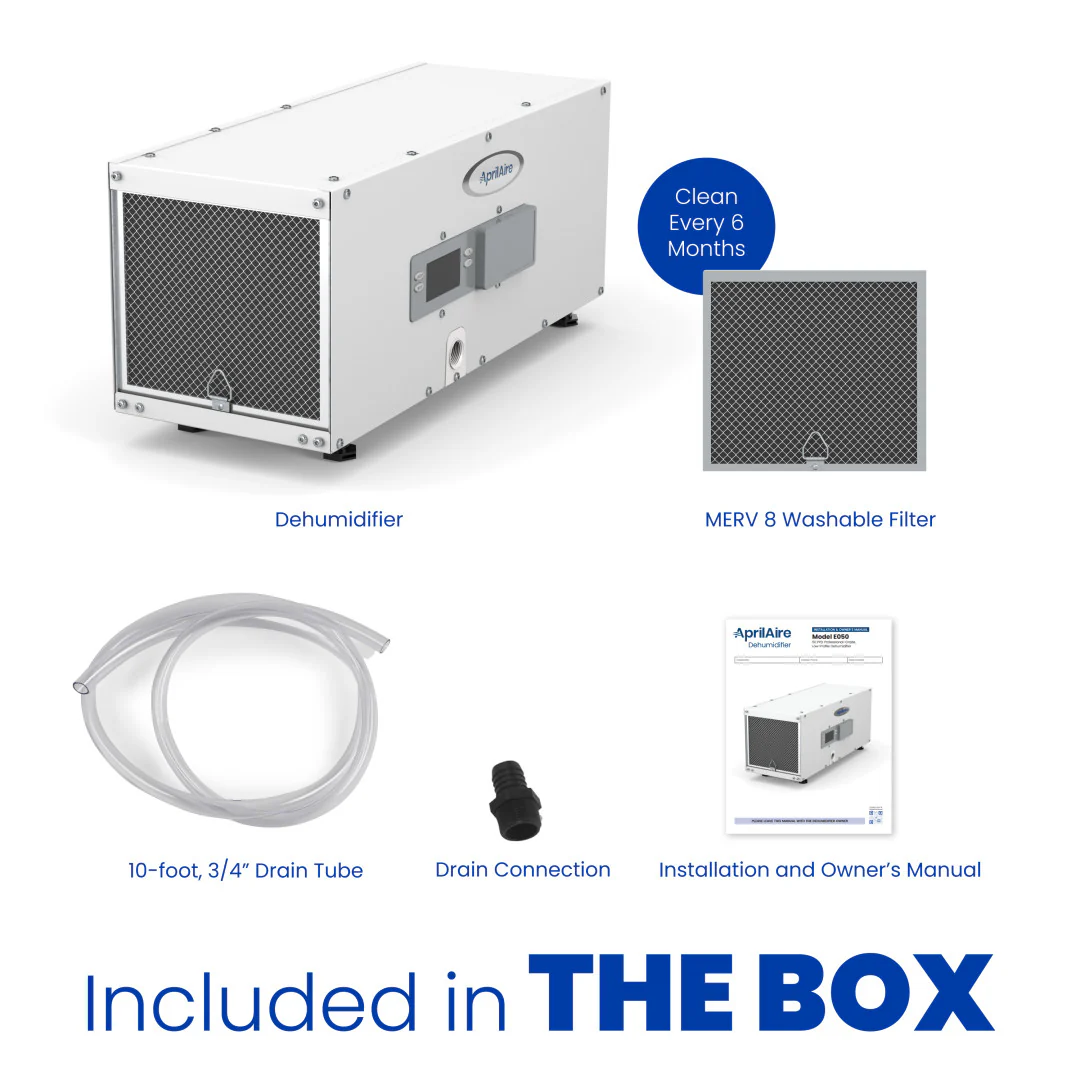 AprilAire E050 Dehumidifier Box Contents Web Ready Photo